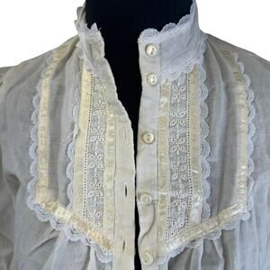 1970s Jessica’s Gunnies Sheer Edwardian Blouse – Lace & Satin Trim, XS